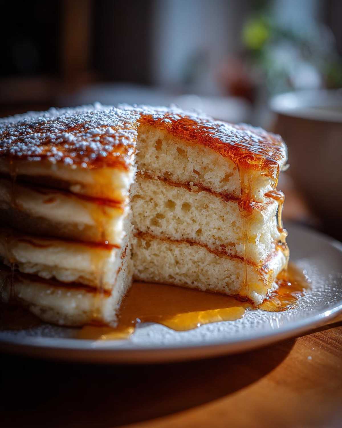 A close-up of a stack of fluffy buttermilk pancakes drizzled with golden syrup and dusted with powdered sugar.