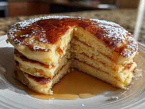 A stack of fluffy buttermilk pancakes, cut to show the layers, topped with powdered sugar and syrup.