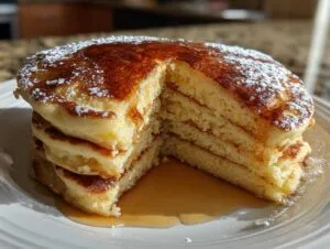 A stack of fluffy buttermilk pancakes, cut to show the layers, topped with powdered sugar and syrup.
