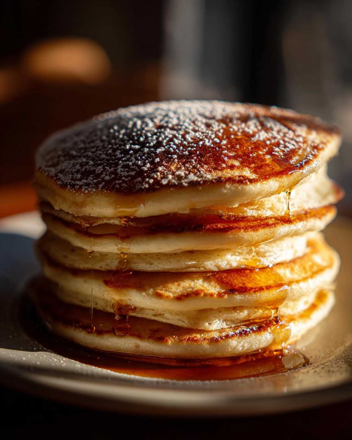 A tall stack of fluffy buttermilk pancakes drizzled with golden syrup and dusted with powdered sugar.
