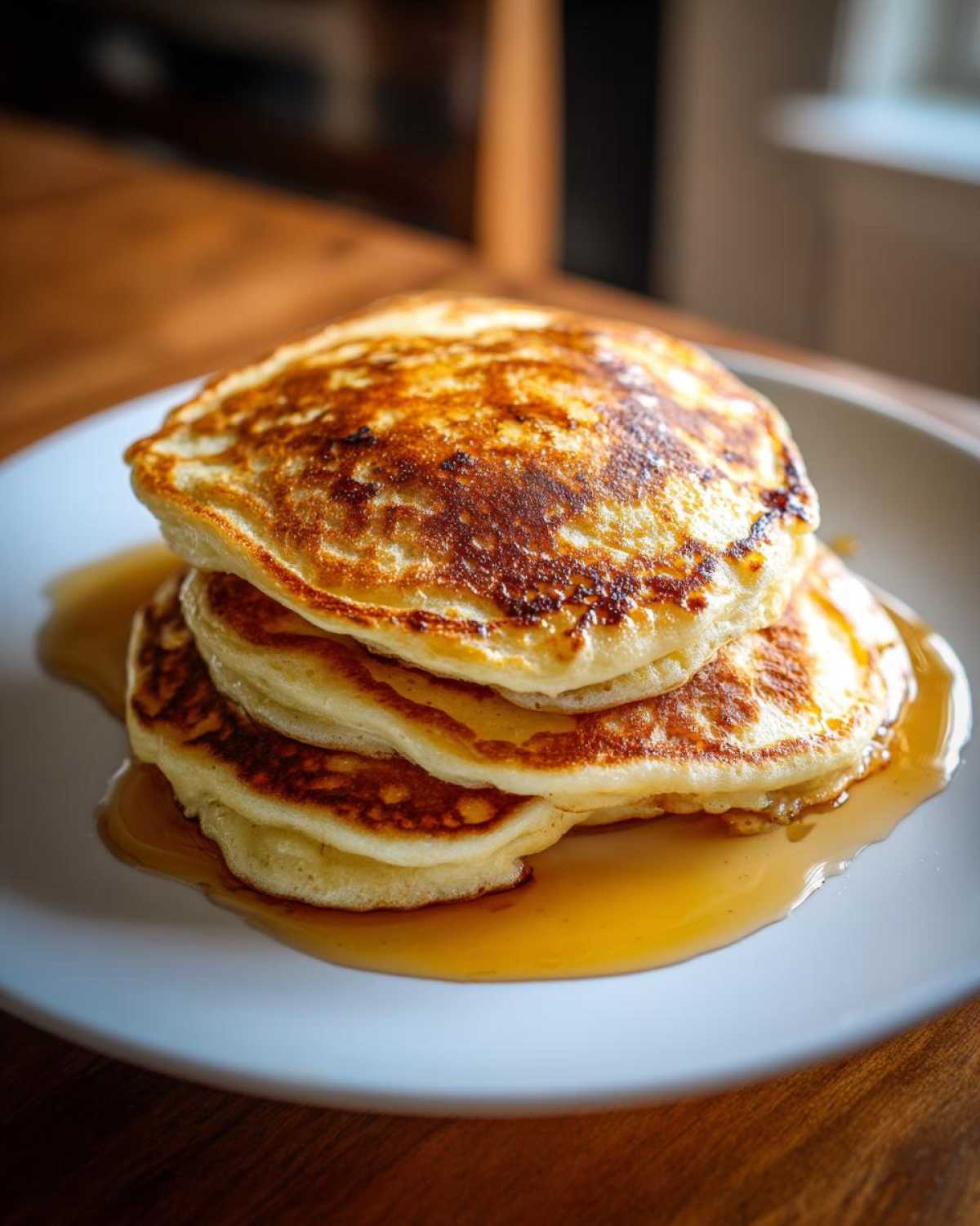 A stack of three golden-brown fluffy pancakes drizzled with maple syrup on a white plate.