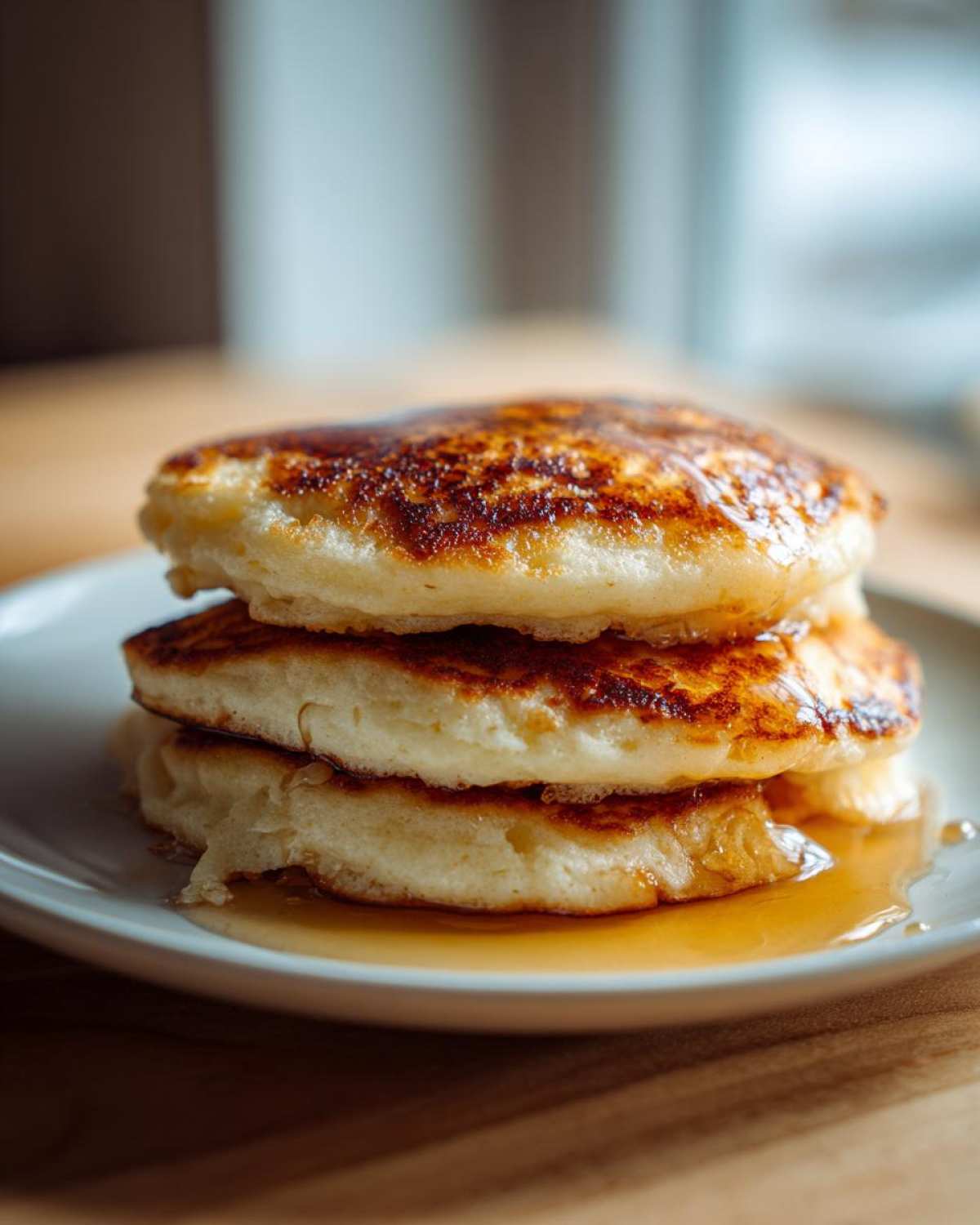 A stack of three golden-brown fluffy pancakes drizzled with maple syrup on a white plate.