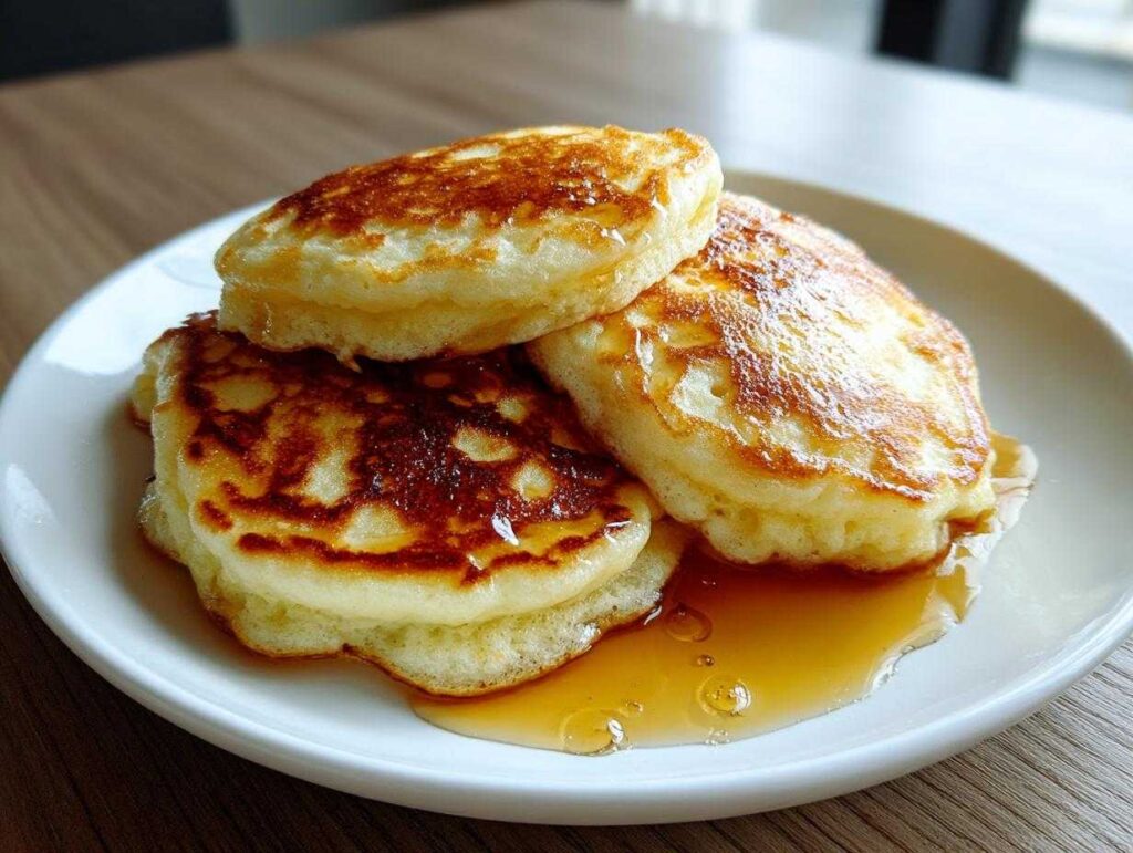 A stack of three golden brown fluffy pancakes drizzled with syrup on a white plate.