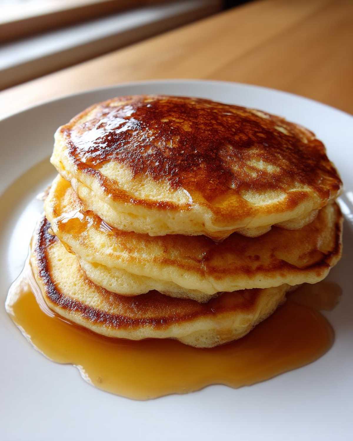 A close-up of a stack of three golden-brown fluffy pancakes drizzled with syrup on a white plate.