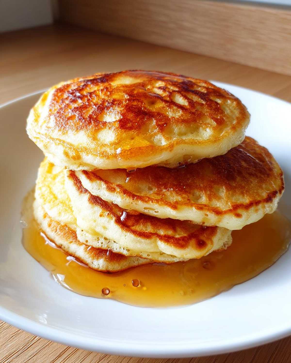 A stack of golden-brown fluffy pancakes drizzled with syrup on a white plate.