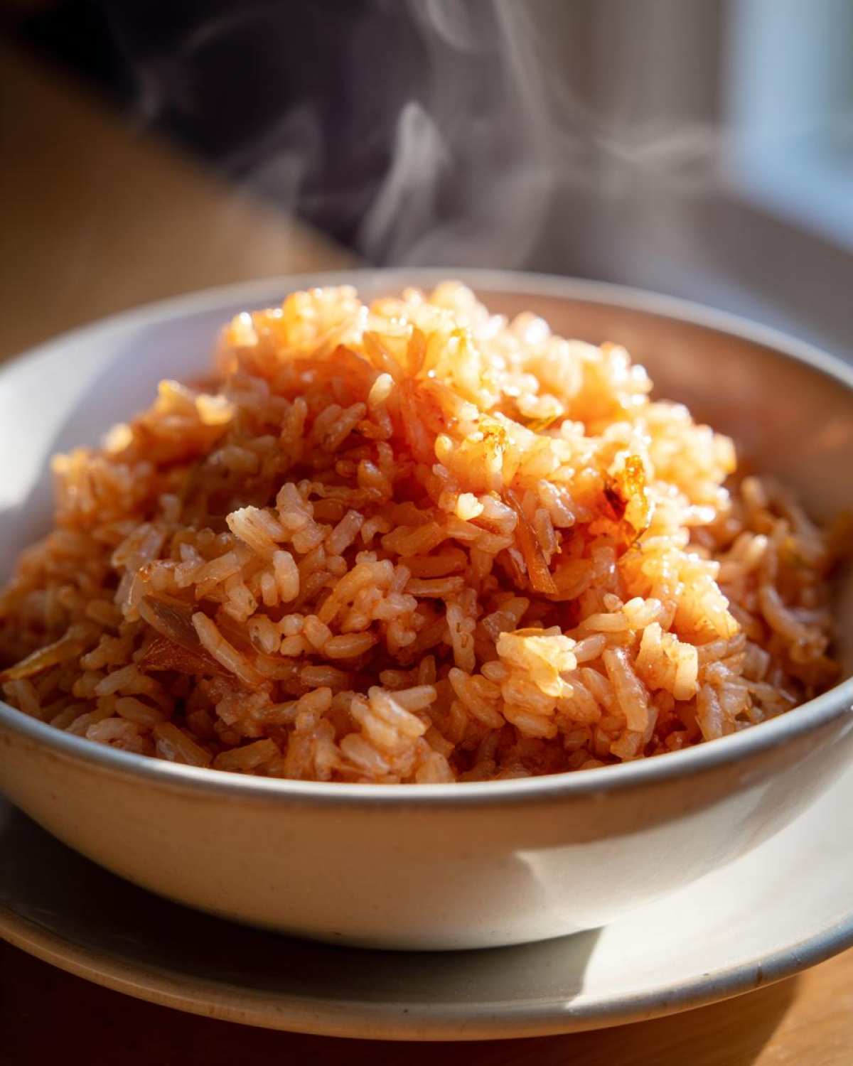 A close-up of a bowl of fluffy Spanish rice, steaming and ready to be served.