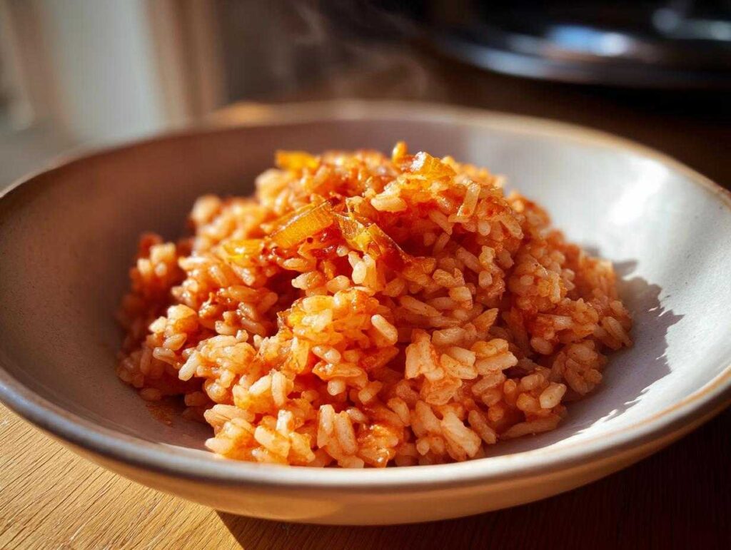 A close-up of fluffy Spanish rice in a bowl, seasoned with tomato and spices.