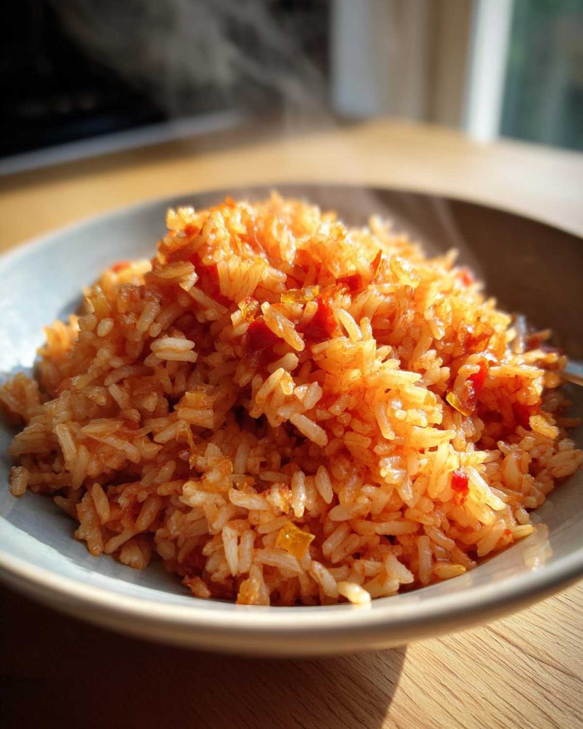 A close-up of fluffy Spanish rice in a bowl, steaming and seasoned with red spices.