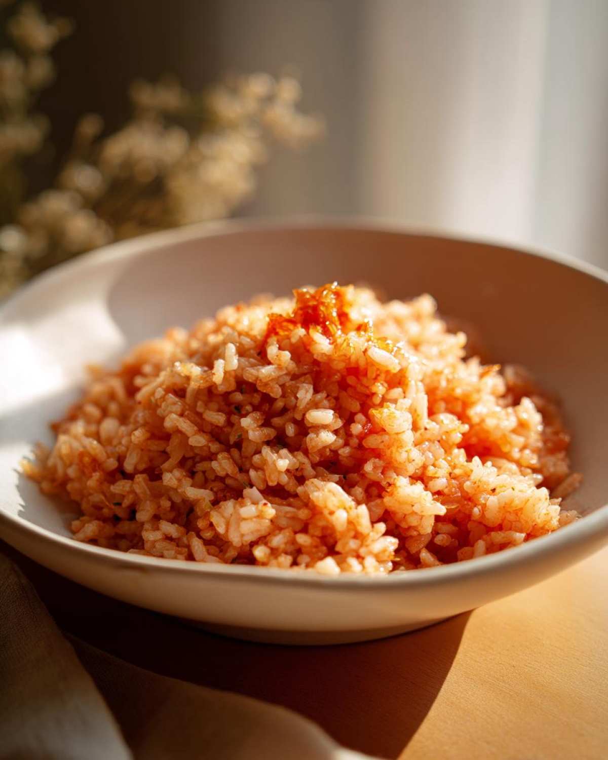A close-up of fluffy Spanish rice in a bowl, seasoned with tomato and spices.