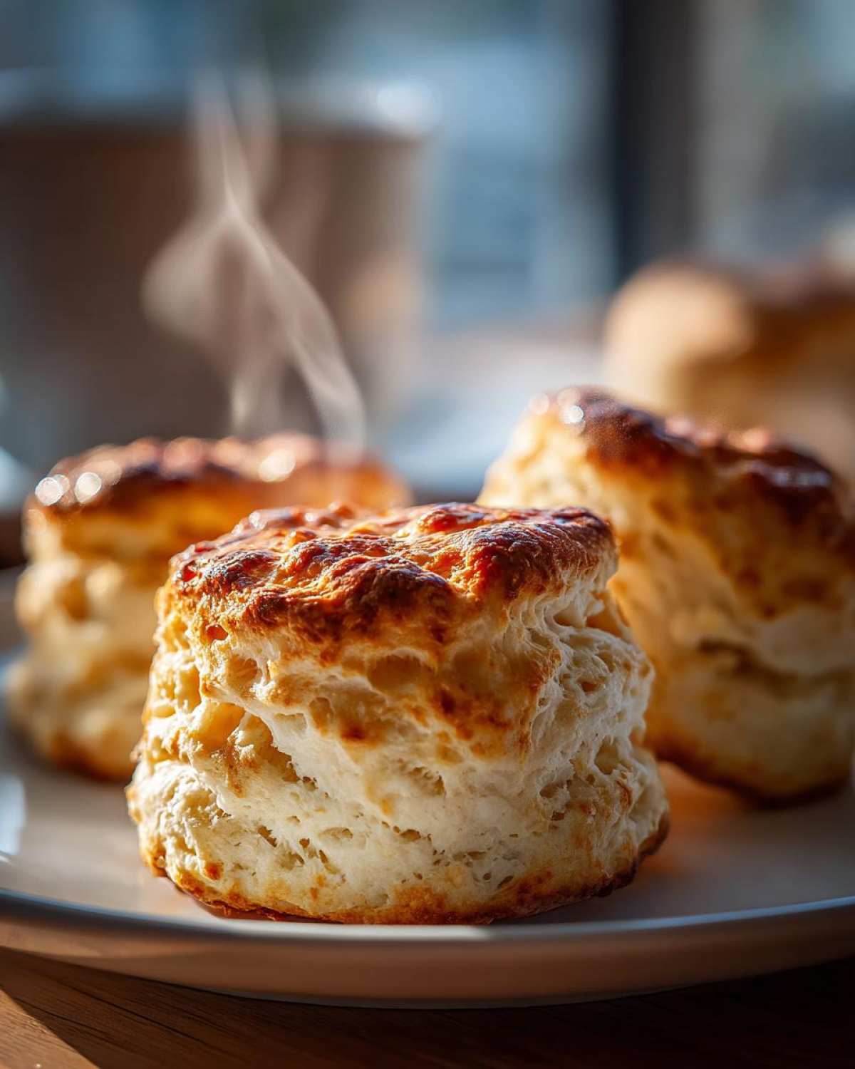 Close-up of three golden-brown fluffy tea biscuits with visible layers, steaming gently.