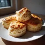 A stack of golden-brown fluffy tea biscuits on a white plate, showcasing their flaky layers.