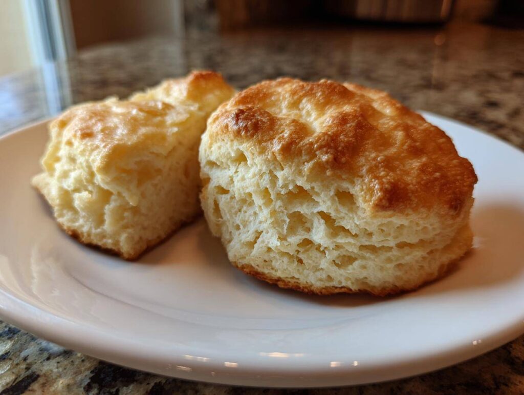 Two golden brown fluffy tea biscuits on a white plate, showcasing their airy texture.