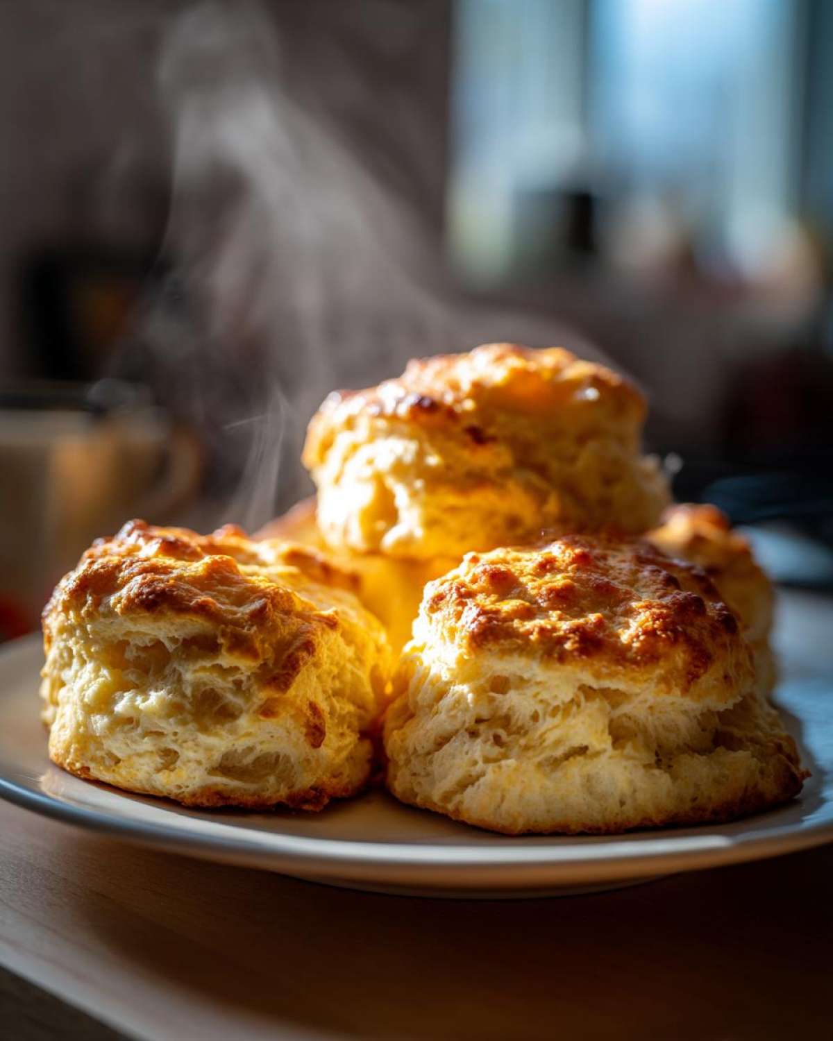A close-up of warm, fluffy tea biscuits piled on a plate, with steam rising.