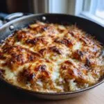 A close-up of a bubbling French onion chicken rice bake with melted, golden-brown cheese in a skillet.