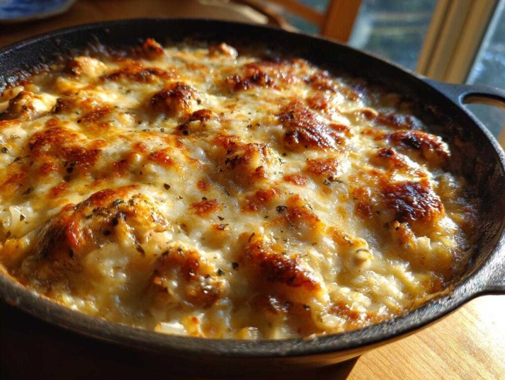 Close-up of a golden-brown cheesy French Onion Chicken Rice Bake in a cast-iron skillet.