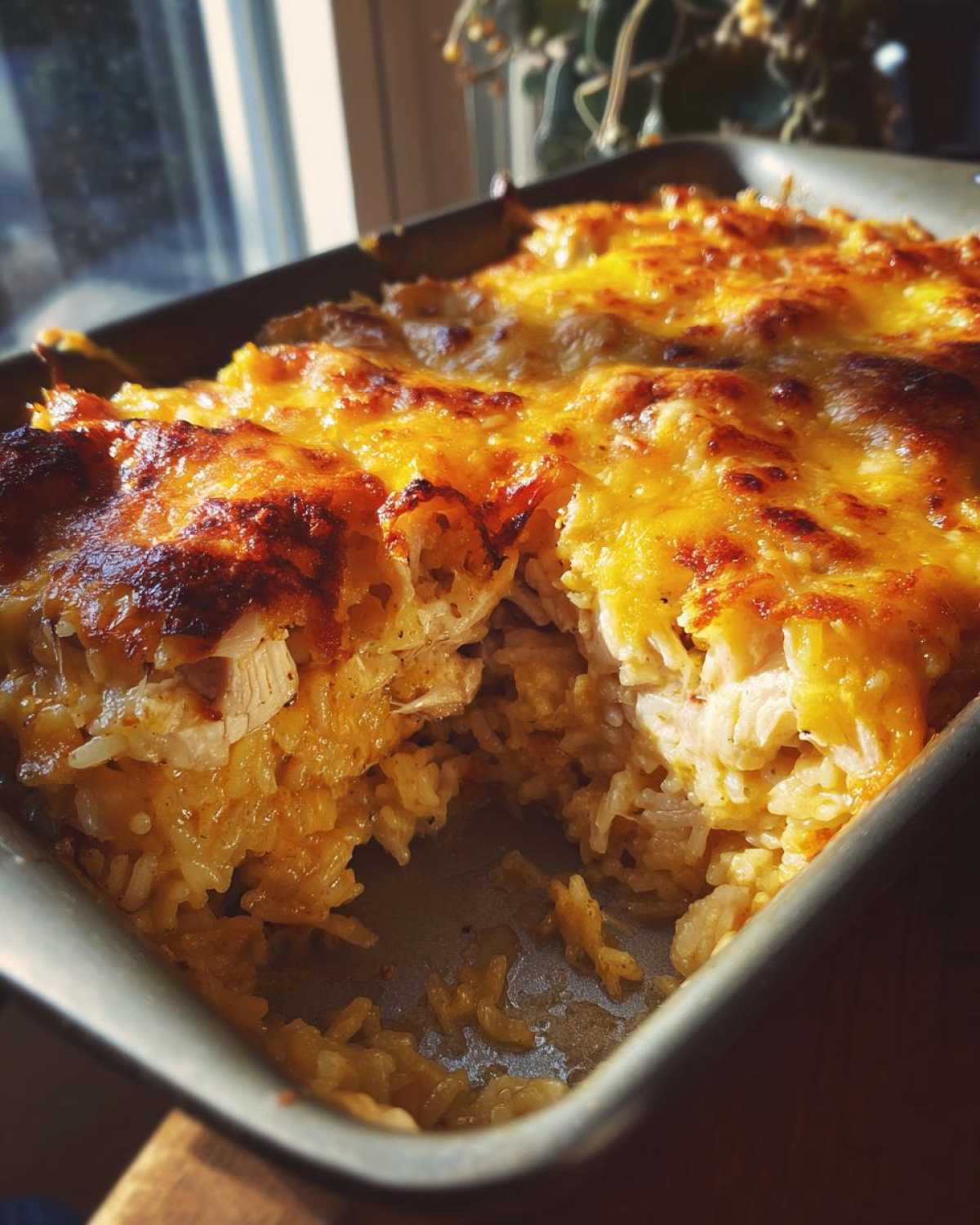 A close-up of a French onion chicken rice bake in a baking dish, topped with melted golden cheese.