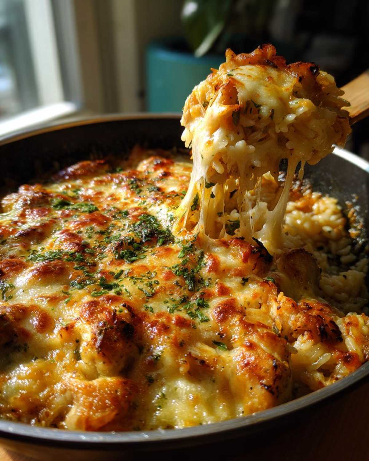 A spoonful of cheesy French Onion Chicken Rice Bake being lifted from a skillet, showing melted cheese and tender chicken.