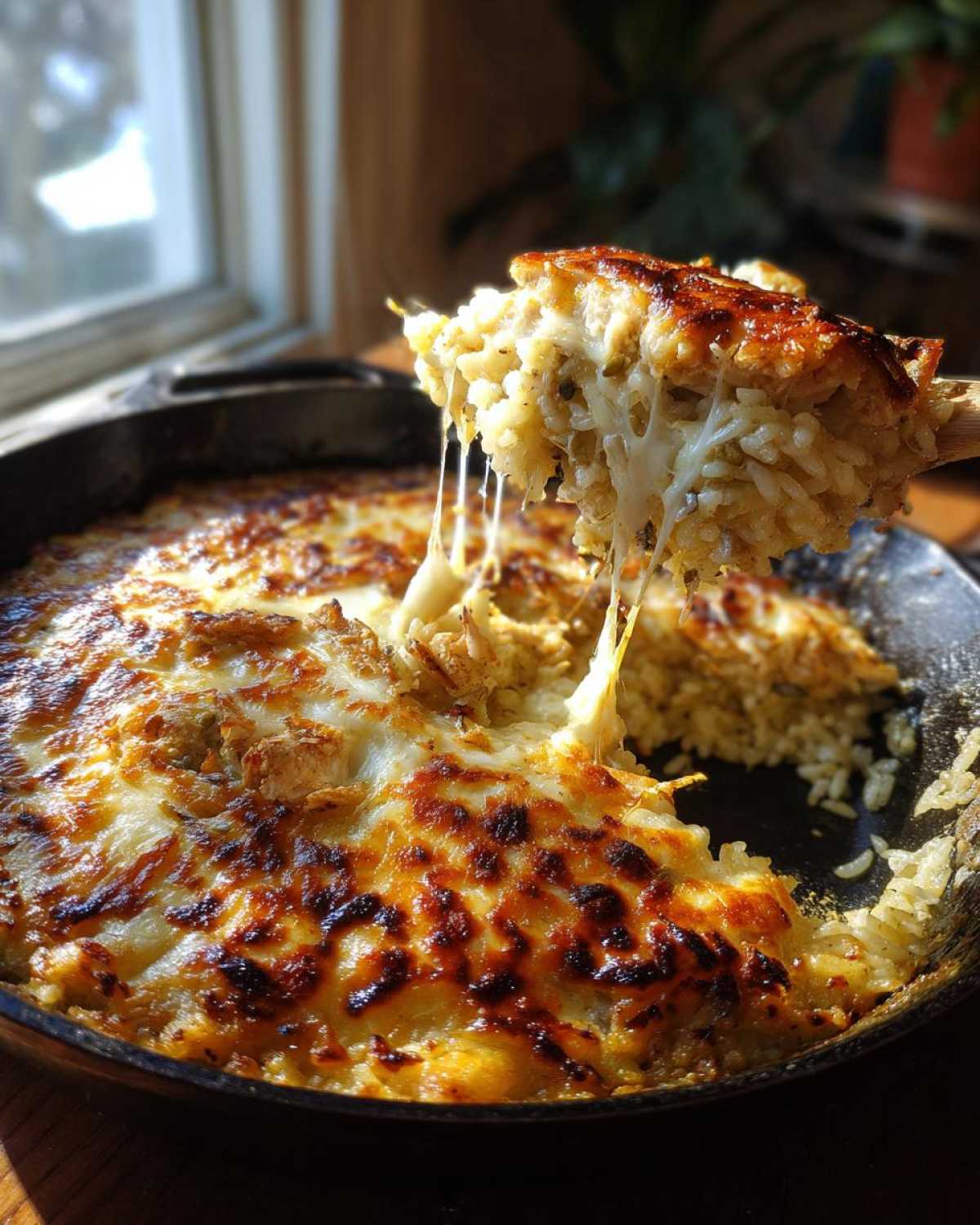 A spoonful of cheesy French onion chicken rice bake, with melted cheese stretching from the dish.