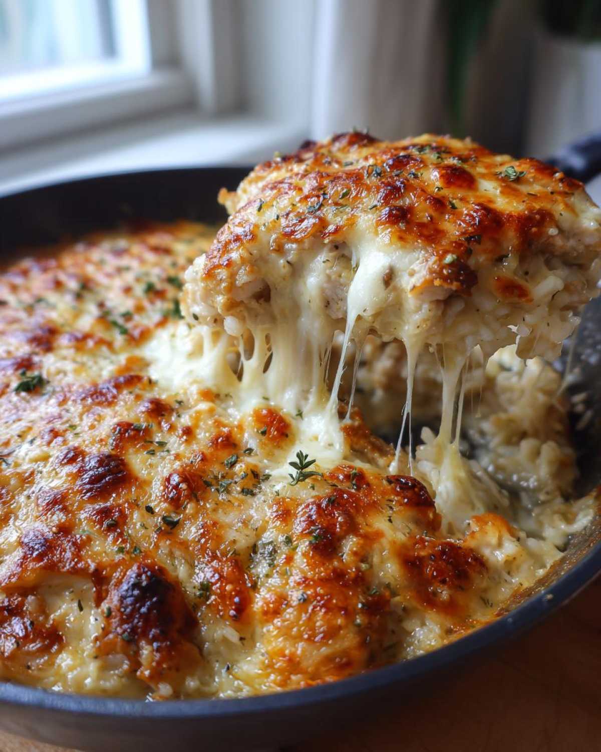 A serving spoon lifts a cheesy portion of French onion chicken rice bake, showing melted cheese strings.
