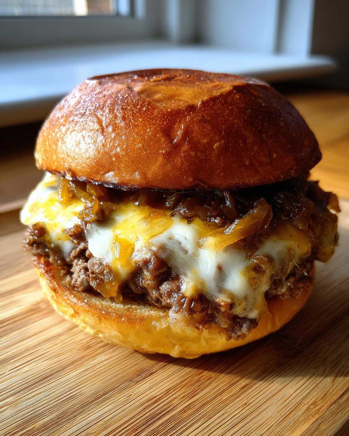 A close-up of a French Onion Sloppy Joe burger on a wooden board, featuring a toasted bun, juicy beef, caramelized onions, and melted cheese.