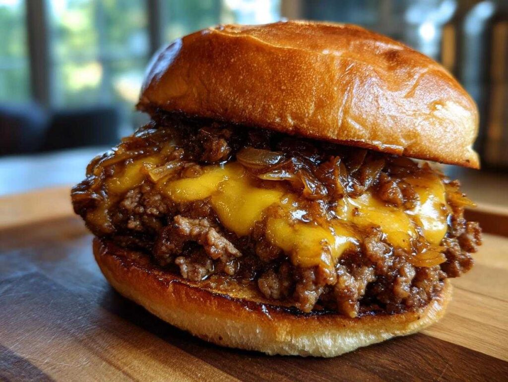 A close-up of a delicious French Onion Sloppy Joe sandwich with melted cheese and caramelized onions on a bun.