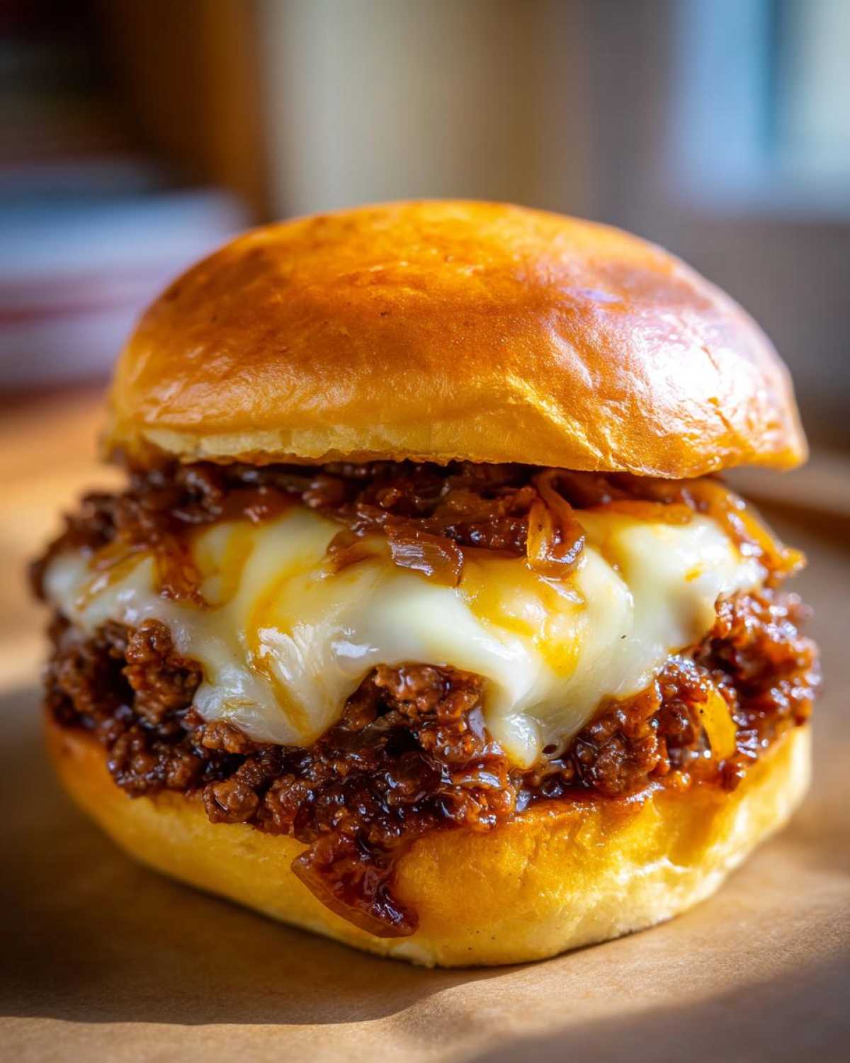 Close-up of a delicious French Onion Sloppy Joe sandwich on a toasted bun, topped with melted cheese and savory filling.