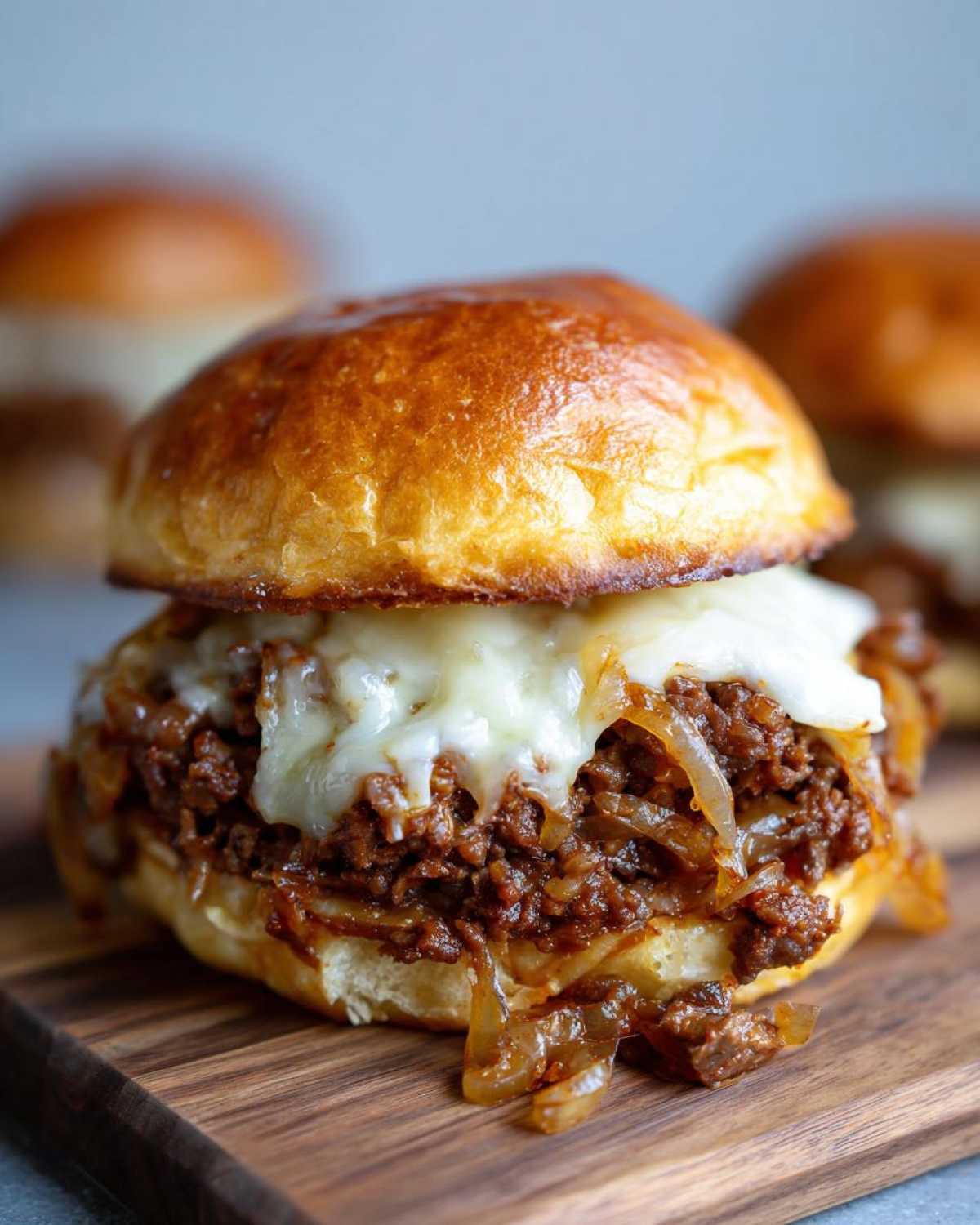 Close-up of a French Onion Sloppy Joe sandwich with melted cheese and caramelized onions on a brioche bun.