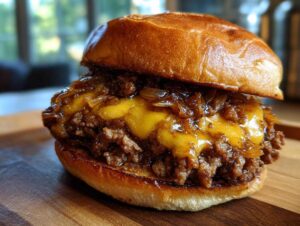 A close-up of a delicious French Onion Sloppy Joe sandwich with melted cheese and caramelized onions on a bun.