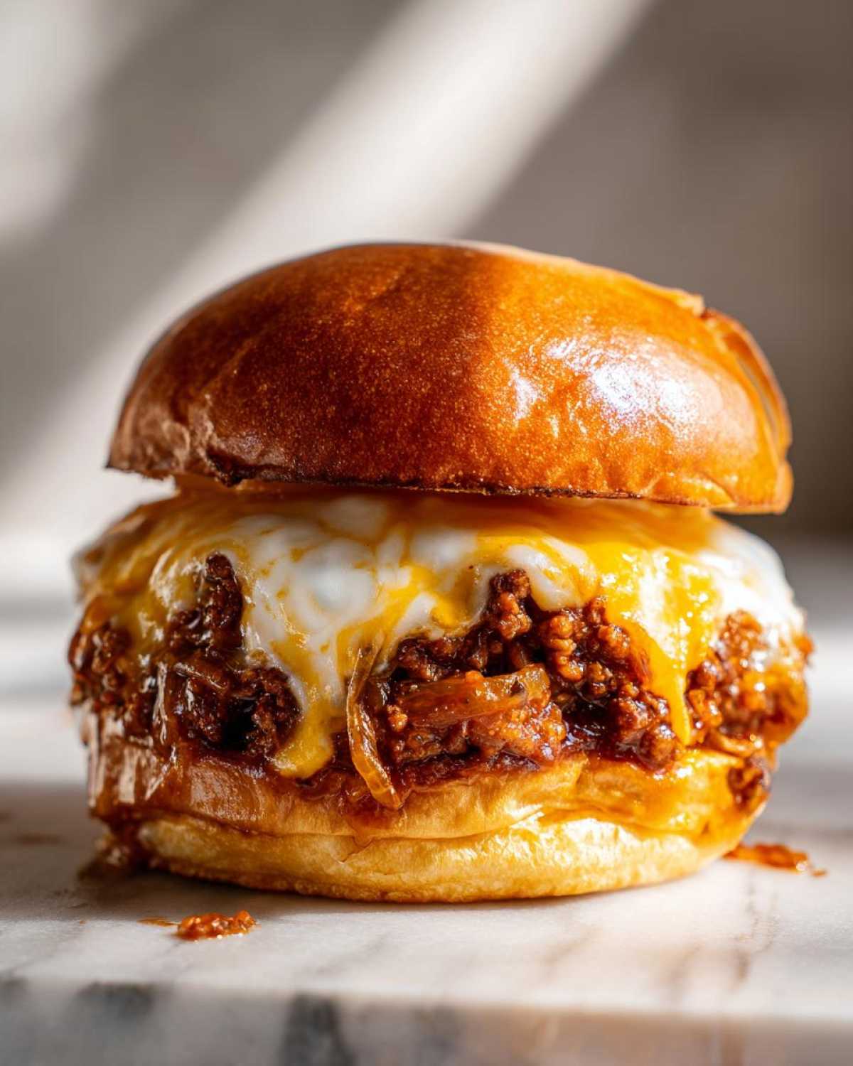 A close-up of a delicious French Onion Sloppy Joe sandwich with melted cheese on a toasted bun.