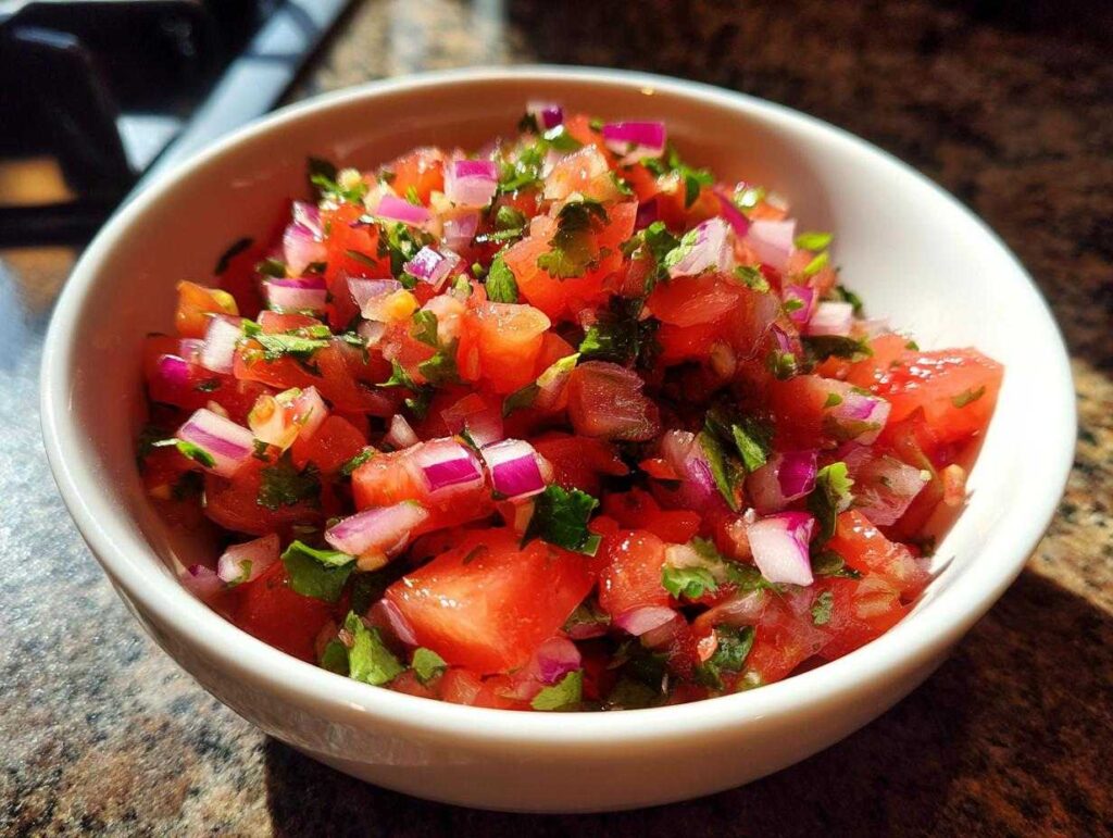 Close-up of a white bowl filled with fresh, vibrant salsa, featuring chopped tomatoes, red onion, and cilantro.
