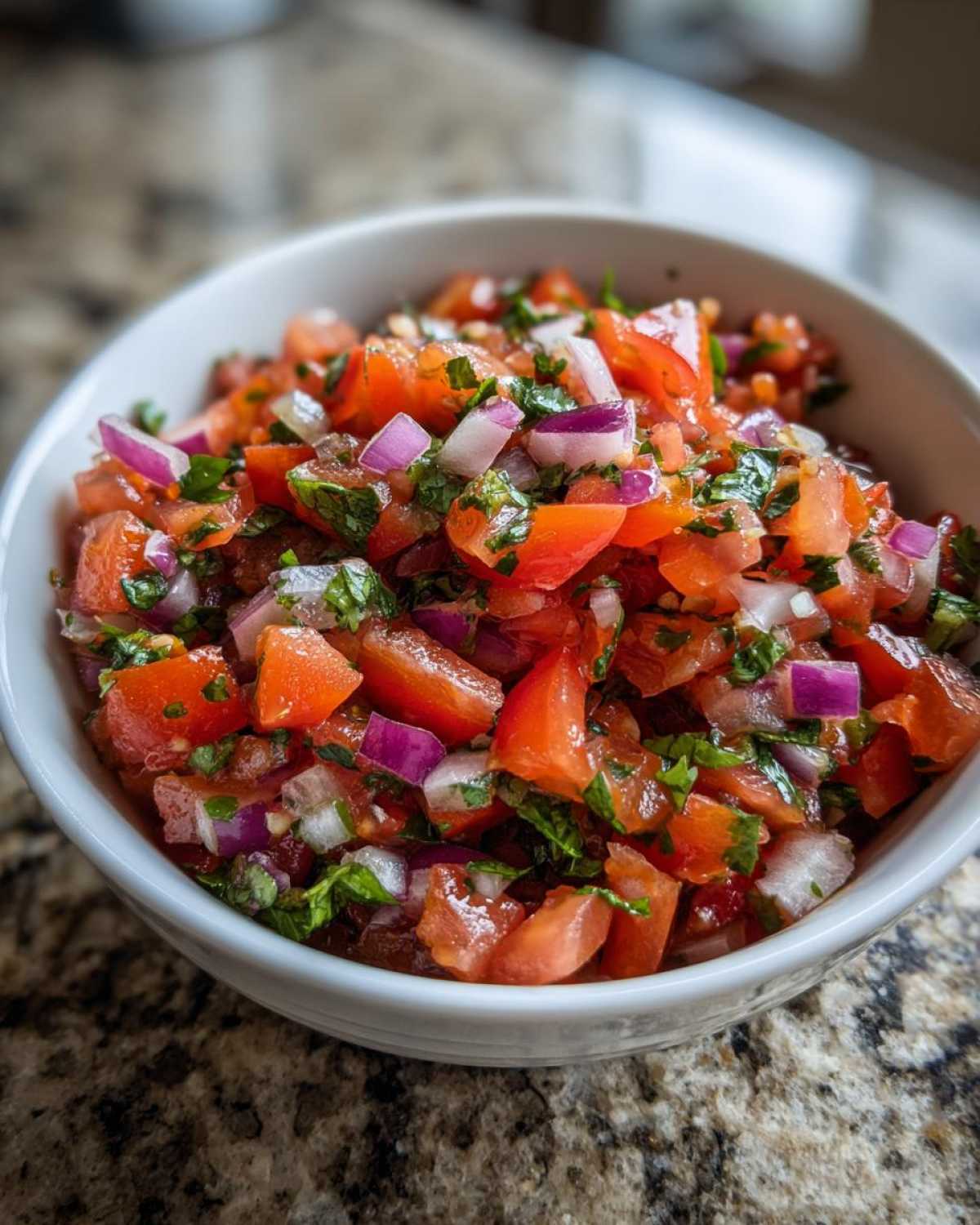 Close-up of a bowl filled with fresh salsa, featuring diced tomatoes, red onion, and cilantro.