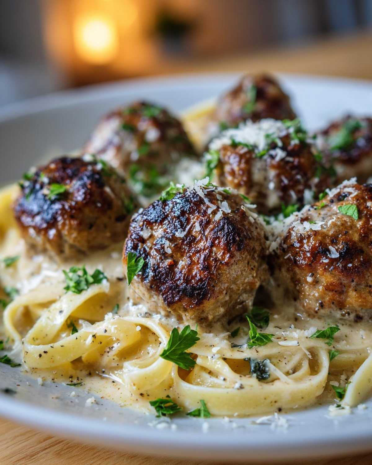 A close-up of delicious garlic butter meatballs served over fettuccine pasta, garnished with parsley and Parmesan cheese.