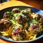 A close-up of a bowl filled with garlic butter meatballs and pasta, garnished with parsley and Parmesan cheese.