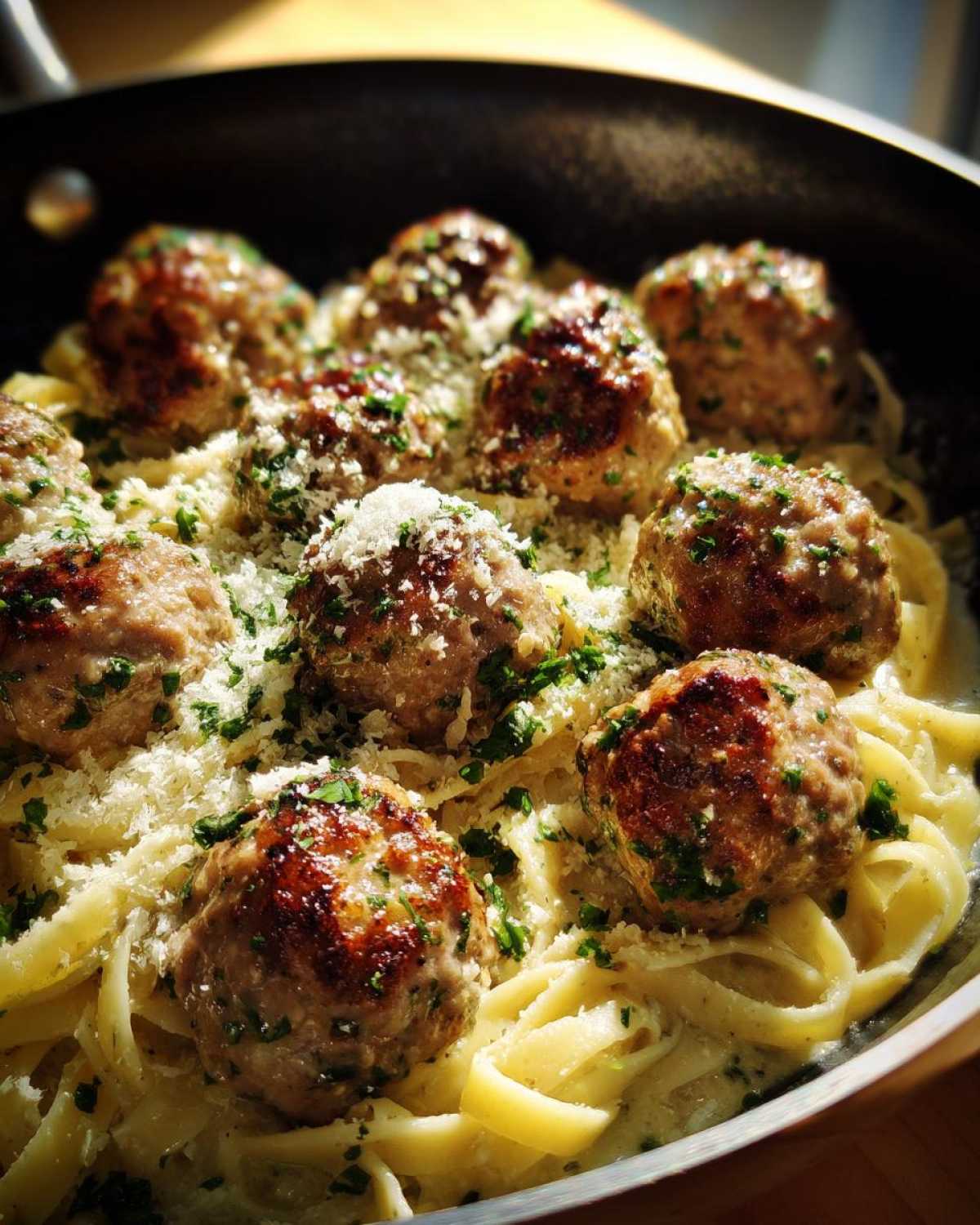 Close-up of juicy garlic butter meatballs served over fettuccine pasta, topped with grated cheese and parsley.