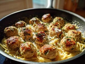Close-up of golden-brown garlic butter meatballs nestled in spaghetti with a creamy sauce and topped with parsley.