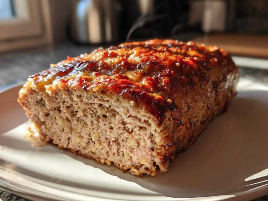 A close-up of a slice of juicy garlic butter turkey meatloaf on a white plate, glistening.