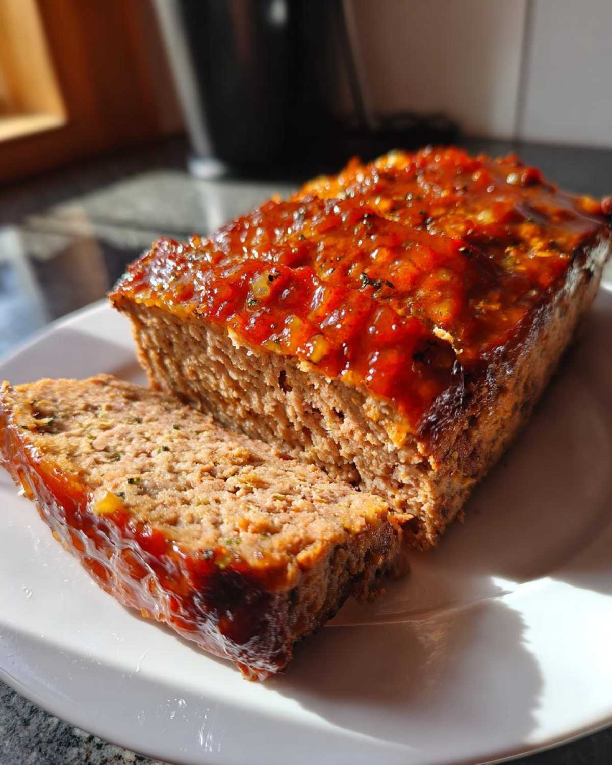 A close-up of a slice of juicy garlic butter turkey meatloaf on a white plate, topped with a glaze.