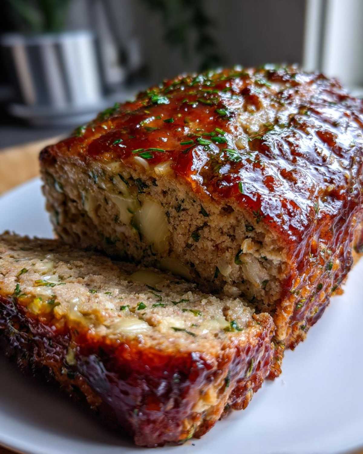 A close-up of a sliced garlic butter turkey meatloaf, glazed and topped with fresh herbs.