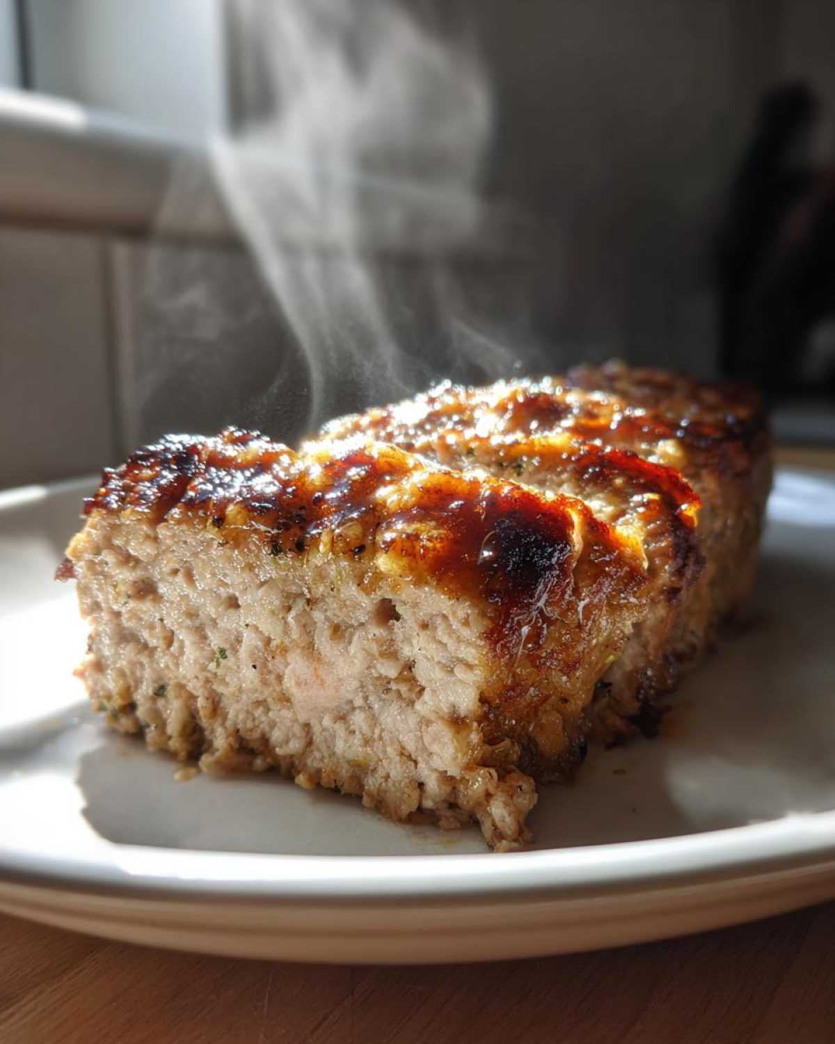 A slice of steaming garlic butter turkey meatloaf on a white plate, showcasing its moist texture and glazed top.