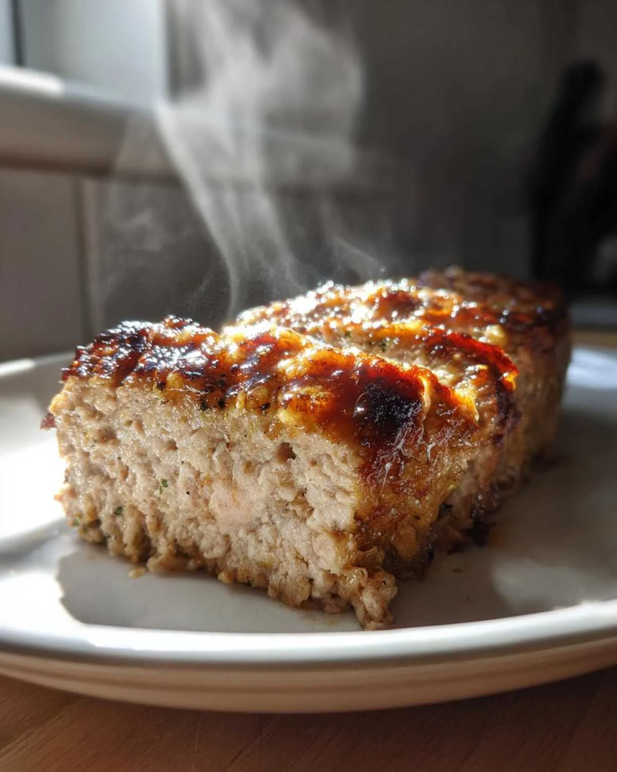 A slice of steaming garlic butter turkey meatloaf on a white plate, showcasing its moist texture and glazed top.
