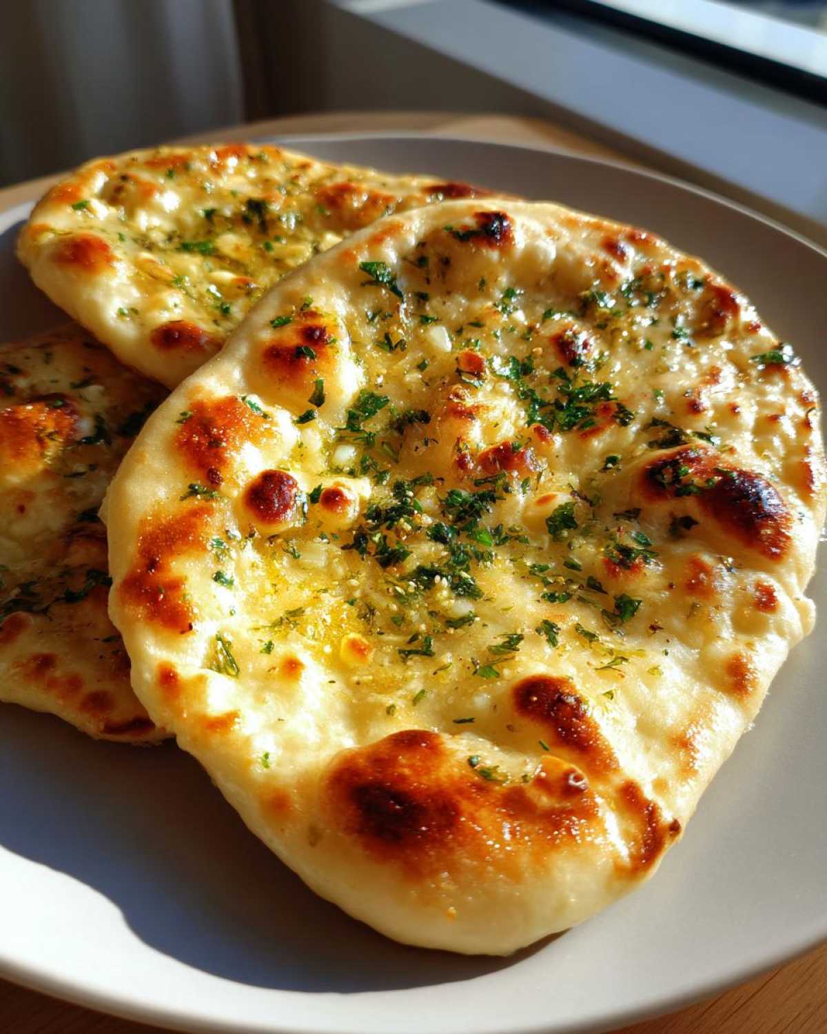 Close-up of fluffy garlic naan bread topped with fresh herbs and melted butter.