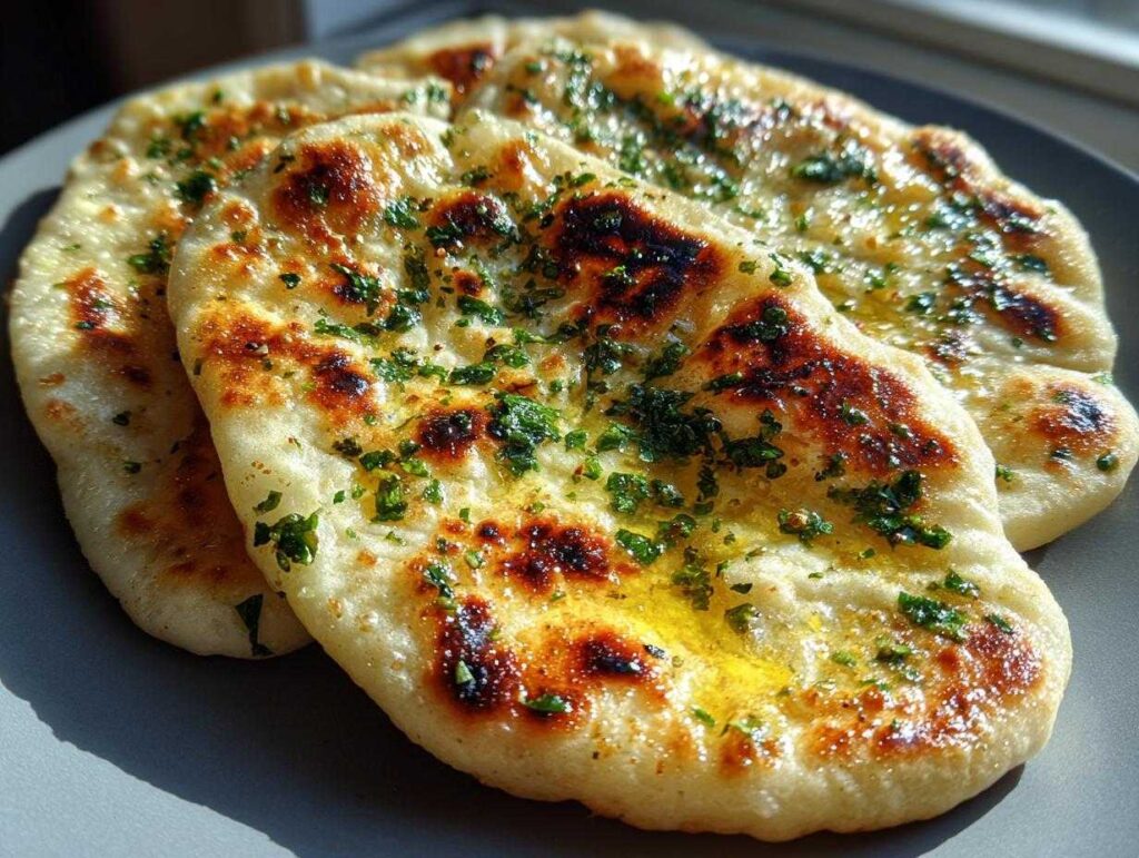 Close-up of fluffy garlic naan bread brushed with melted butter and sprinkled with fresh herbs.