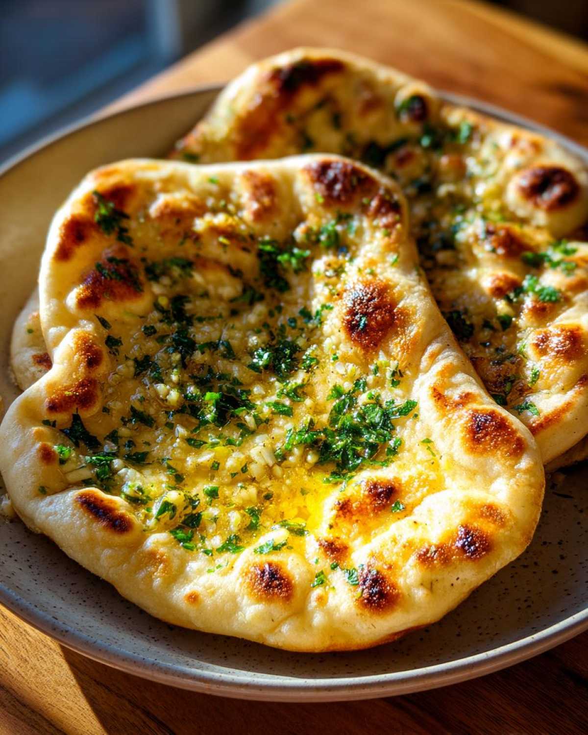 Close-up of two pieces of fluffy garlic naan bread, generously topped with melted butter, minced garlic, and fresh chopped parsley.
