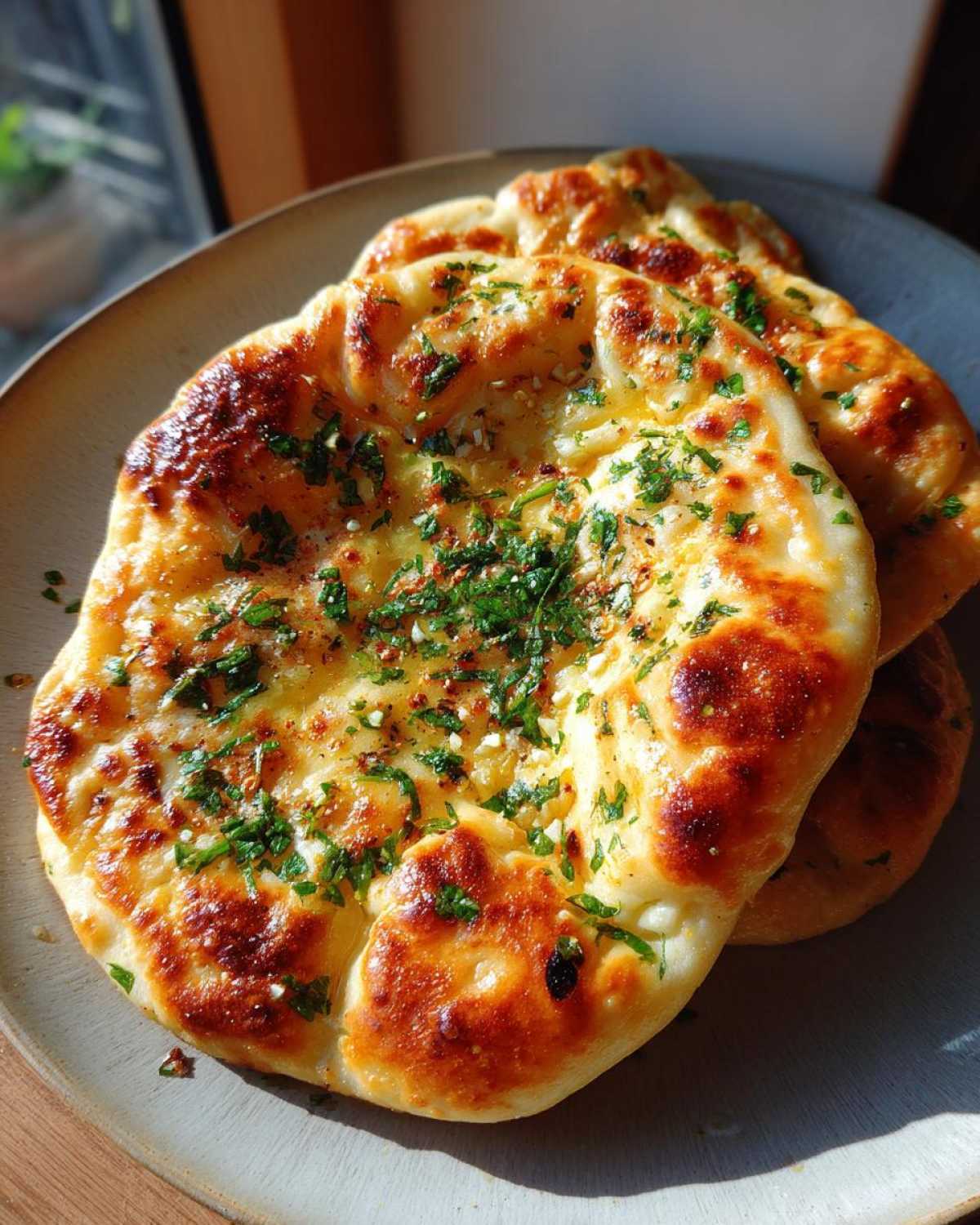 Close-up of fluffy garlic naan bread topped with fresh parsley and spices on a plate.