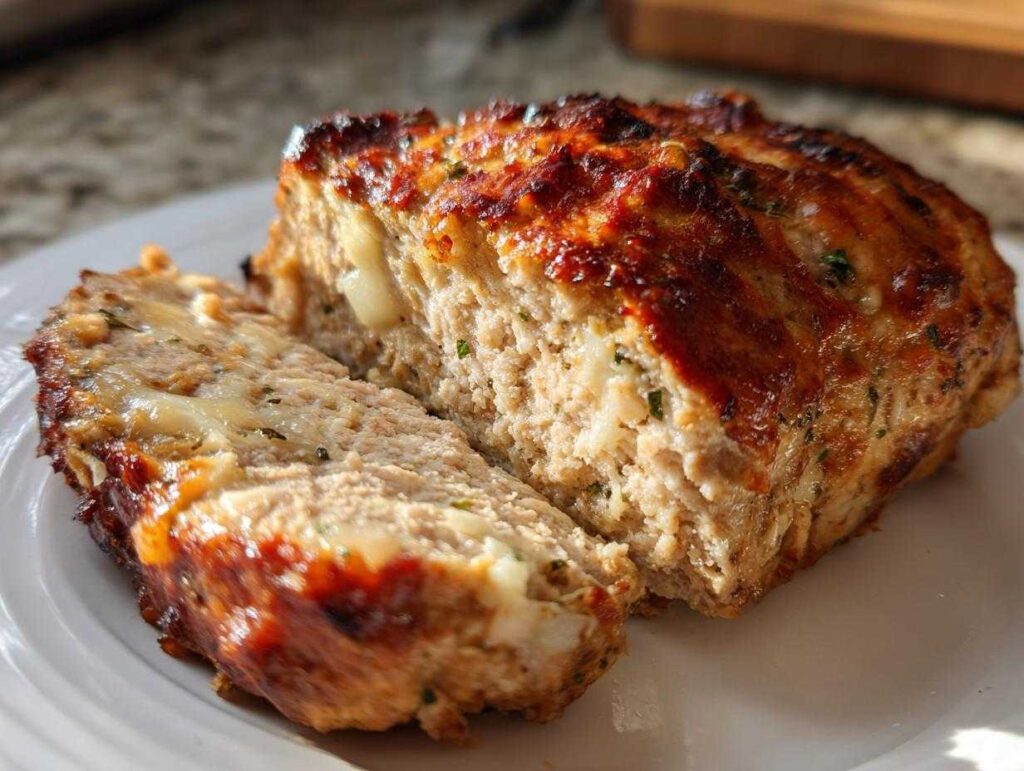 A close-up of a slice of juicy garlic parmesan chicken meatloaf with melted cheese.