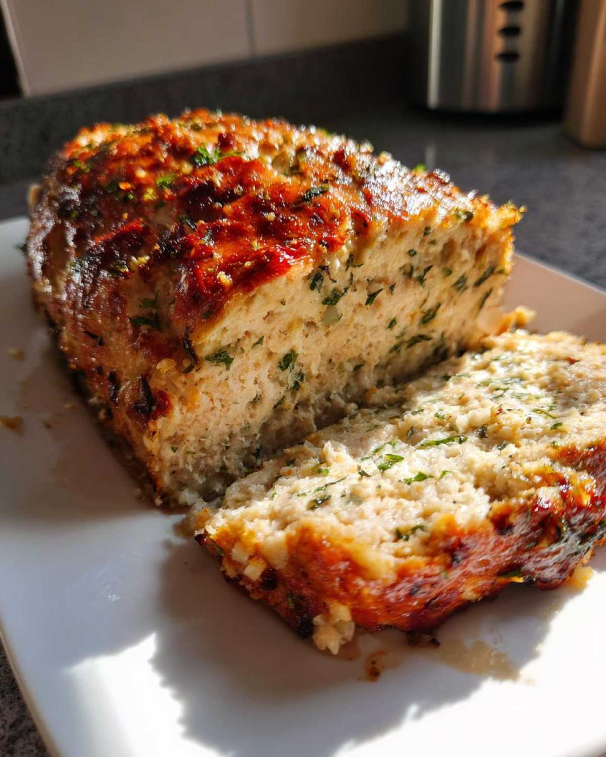 A close-up shot of a slice of juicy garlic parmesan chicken meatloaf, garnished with parsley.