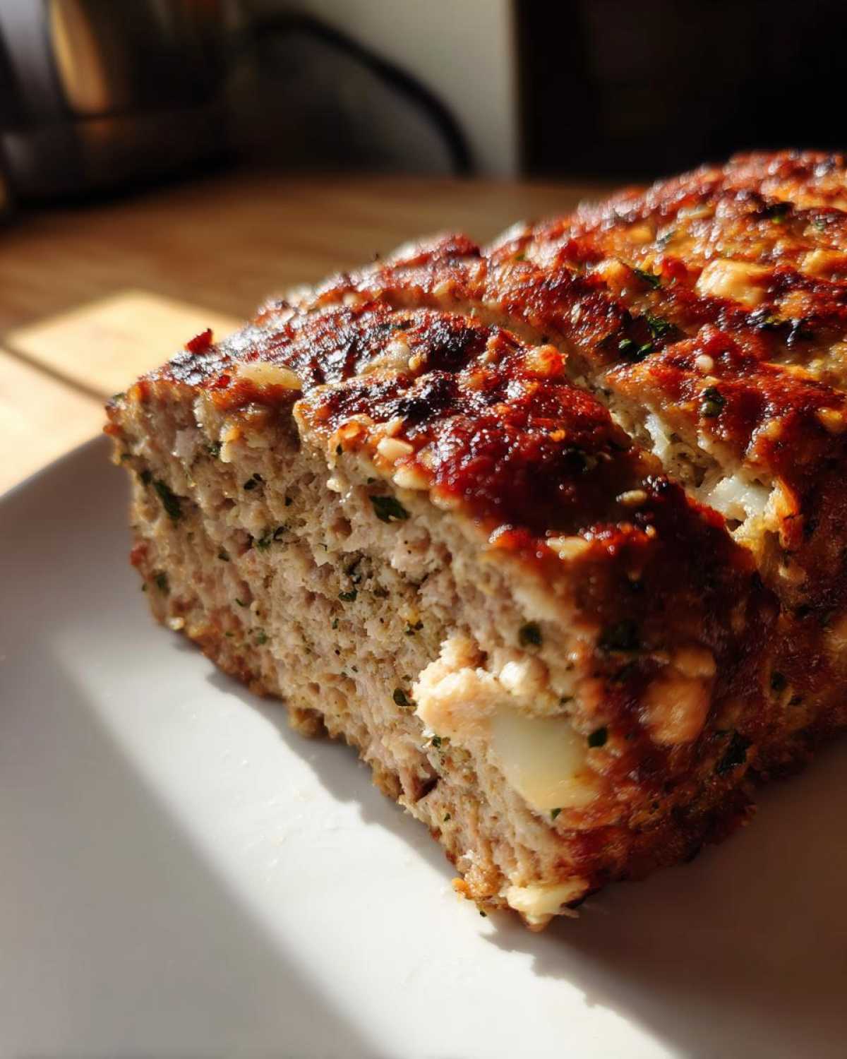 A close-up of a slice of juicy garlic parmesan chicken meatloaf on a white plate, showing cheese chunks and herbs.
