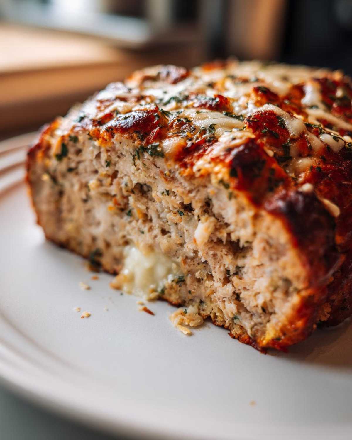 A slice of juicy garlic parmesan chicken meatloaf with melted cheese oozing out.