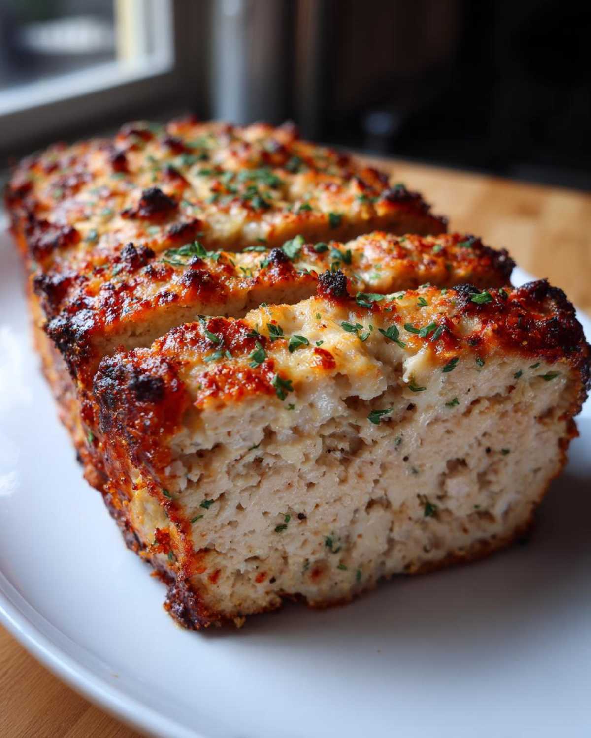 Close-up of sliced garlic parmesan chicken meatloaf on a white plate, garnished with parsley.