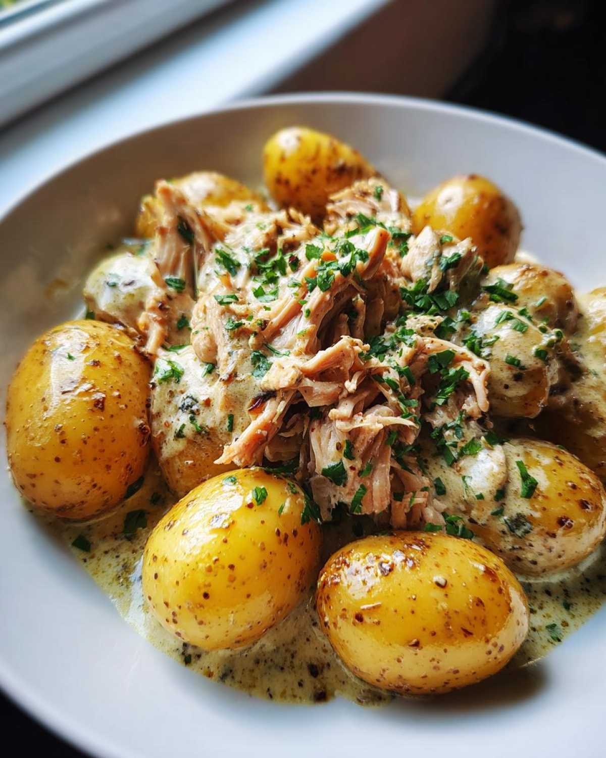 Close-up of tender shredded garlic parmesan crockpot chicken and potatoes in a creamy sauce, garnished with parsley.